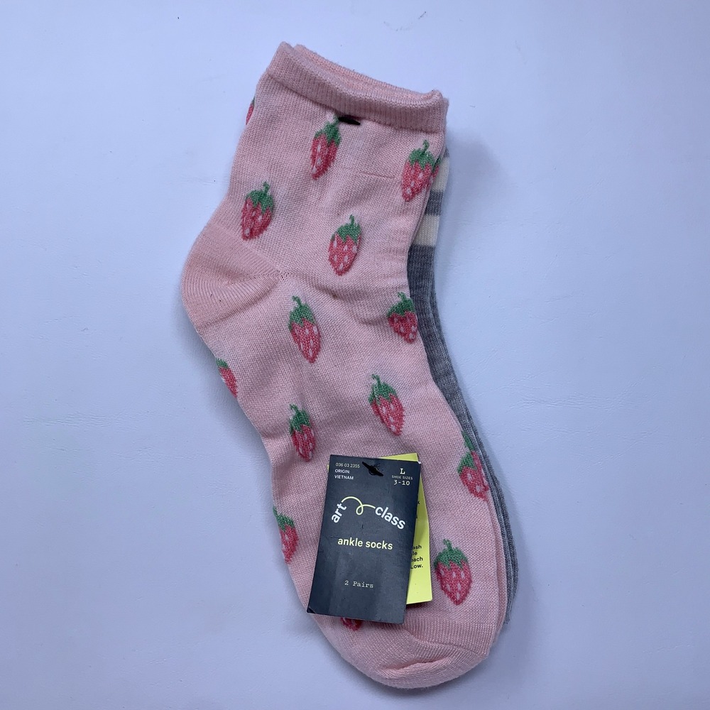 Art Class Kids Large Pink Grey Strawberry Striped 2-Pack Ankle Socks NWT